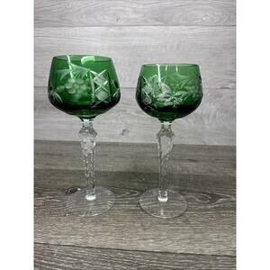 Ajka Marsala Cut to Clear Glass Green Wine Glasses Goblets 8” & 7-5/8” ~2 Pc